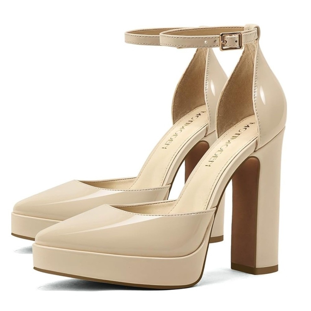 MOTIMODEN Platform Pumps Women 11 Beige Patent Block Heel Ankle Strap 001 NWOT
